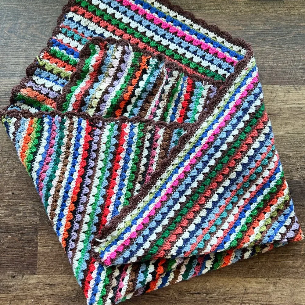 Vintage Knitted Blanket, 1970s Style, Funky Blanket, Handmade Hand Knit Blanket